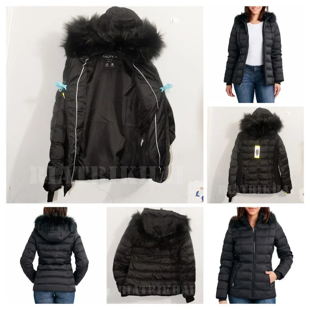 Nautica Womens Faux Fur Trim Hooded Midweight Puffer Jacket BLACK - Picture 1 of 12